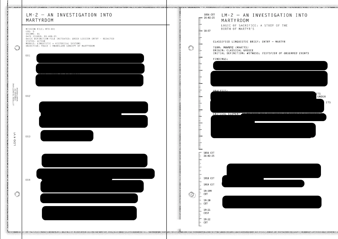 LM-2, an investigation into martyrdom. A classified linguistic brief, mostly blacked out.