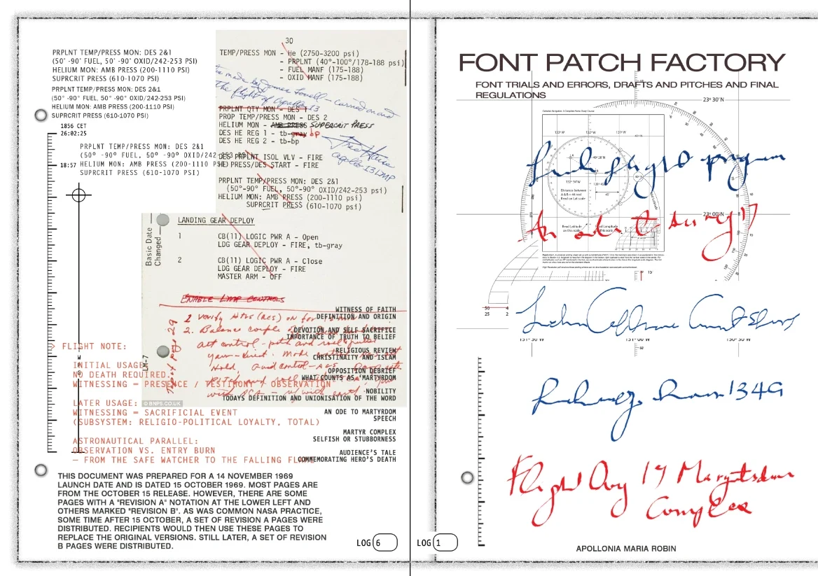 Flight notes on witnessing, and Font Patch Factory: font trials and errors, drafts and pitches and final regulations, by Apollonia Maria Robin.