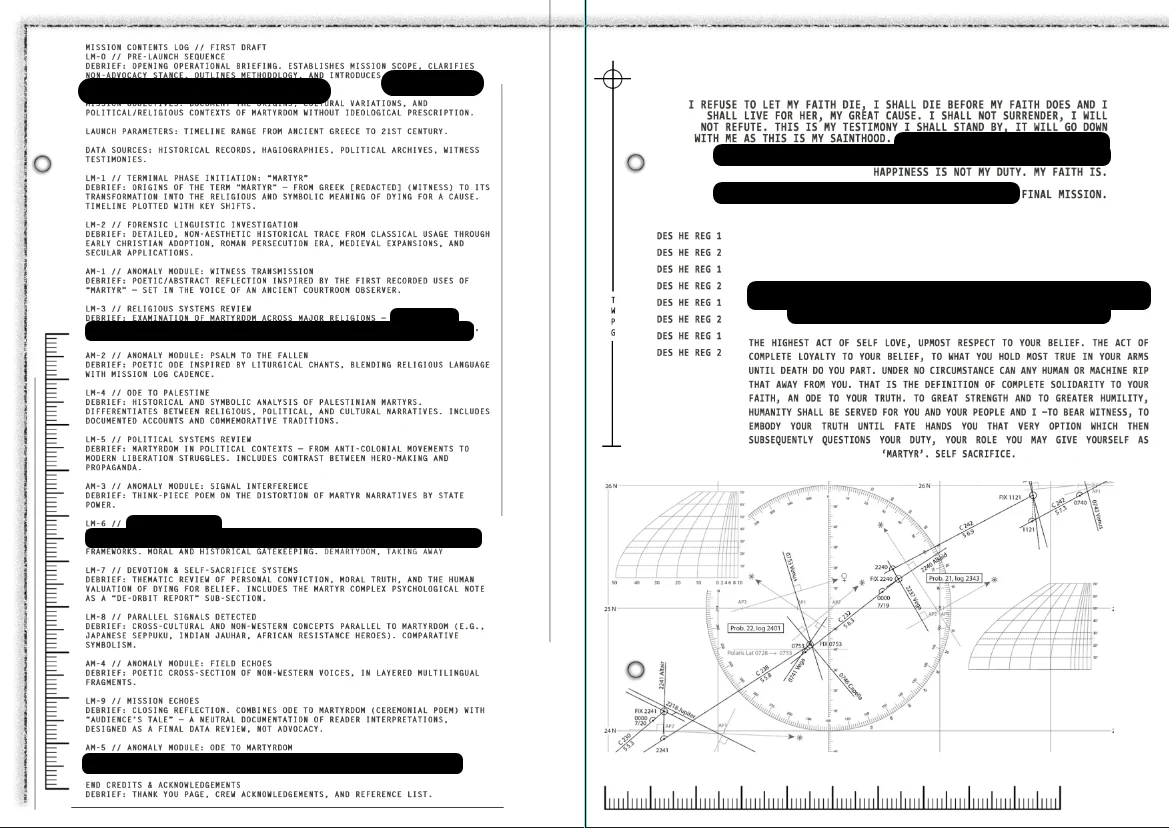 Mission contents log, first draft, and a testimony of faith over a star chart.