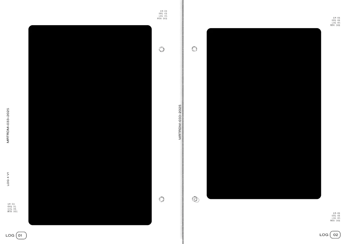 Logs 01 and 02, each page blacked out in one block.