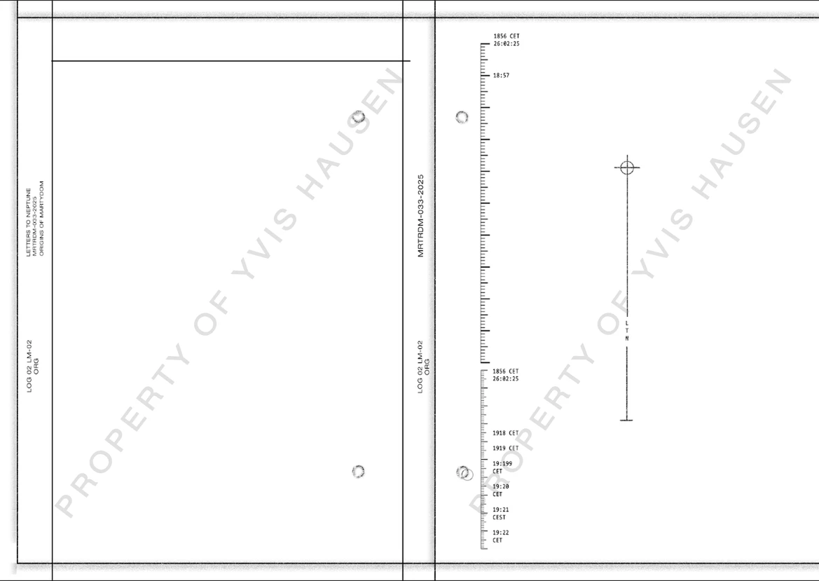 Log 02, LM-02. Marked across both pages: property of Yvis Hausen.