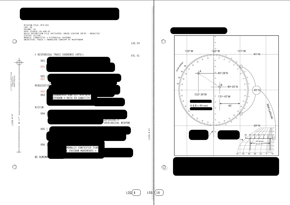 Log 4 and log 16: mission file MTR-001, a historical trace sequence, and a navigation chart, mostly blacked out.
