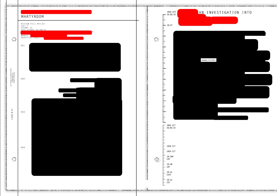 Martyrdom, mission file MTR-001, and an investigation into its legal and civic history, mostly blacked out.