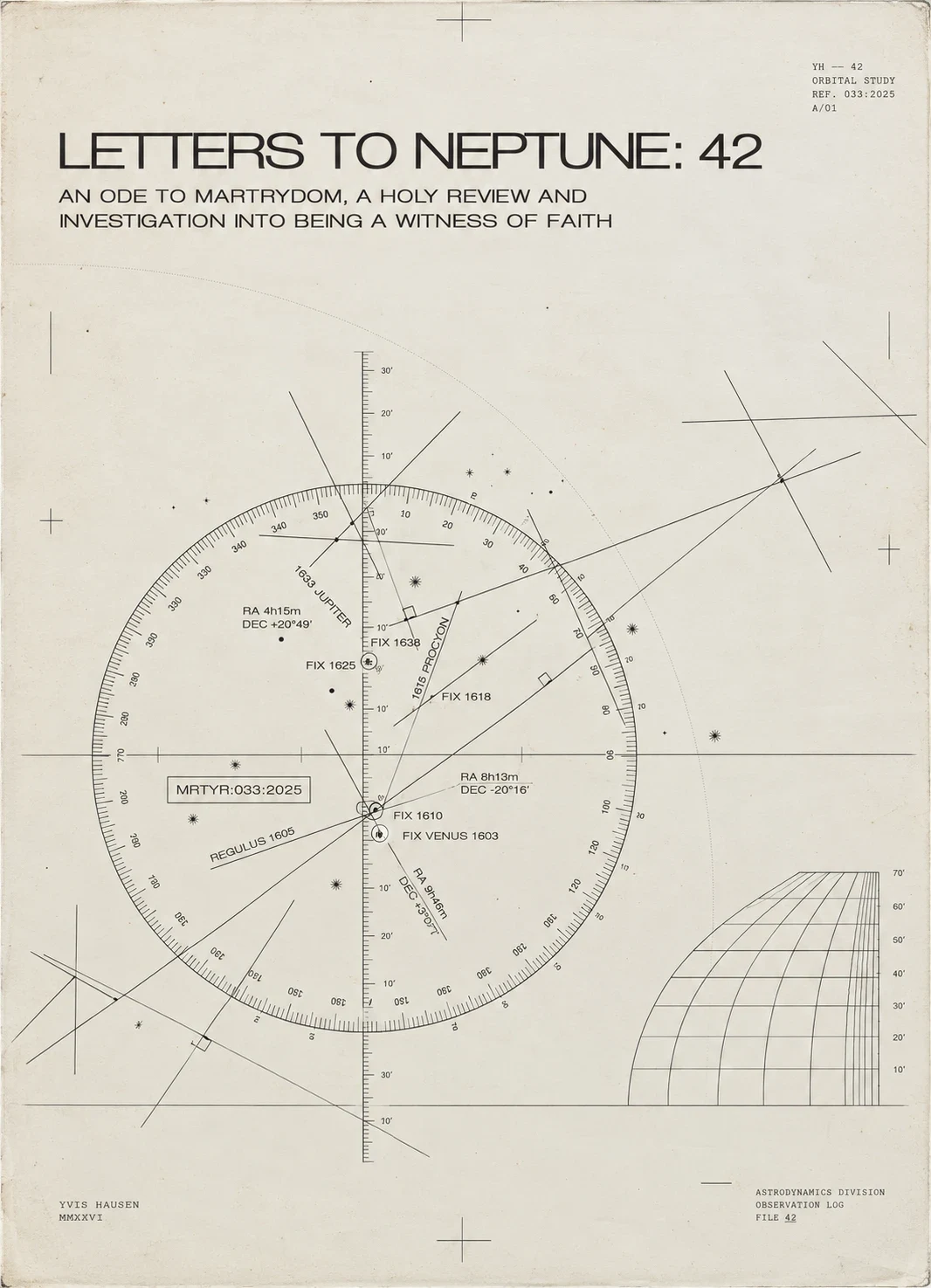 Letters to Neptune: 42. An ode to martyrdom, a holy review and investigation into being a witness of faith. Orbital study, Yvis Hausen, MMXXVI.