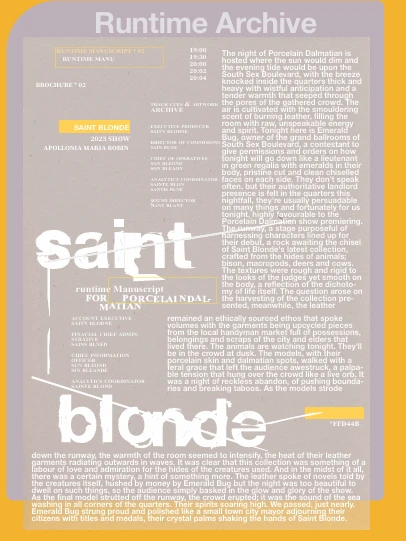 Saint Blonde, Runtime Archive: the night of Porcelain Dalmatian, told in full.